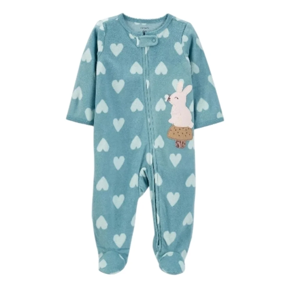 CARTER'S BABY GIRL BUNNY HEART PRINT ZIP-UP FLEECE SLEEP & PLAY SIZE 6 MONTHS